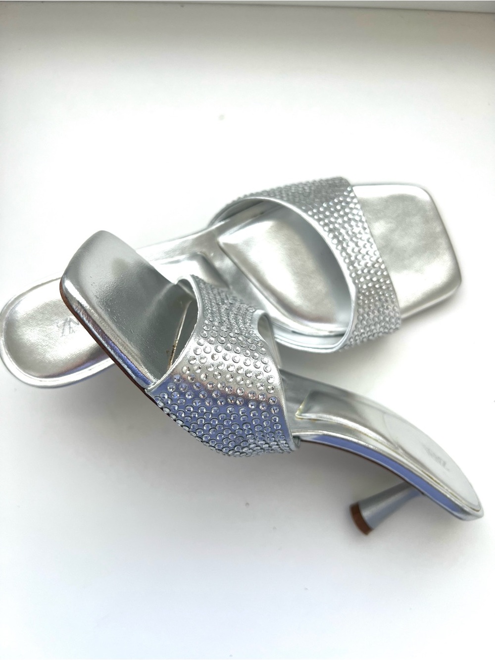 Zara silver mid-heel mule with rhinestones, size 37